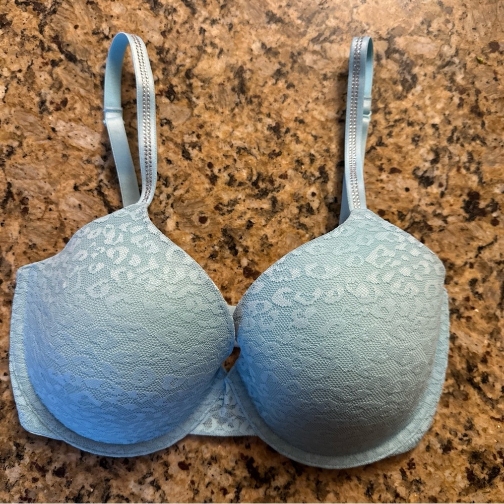 Victorias Secret PINK Bra 32DDD Blue Rhinedtones Blung Lace T Shirt Comfy‎